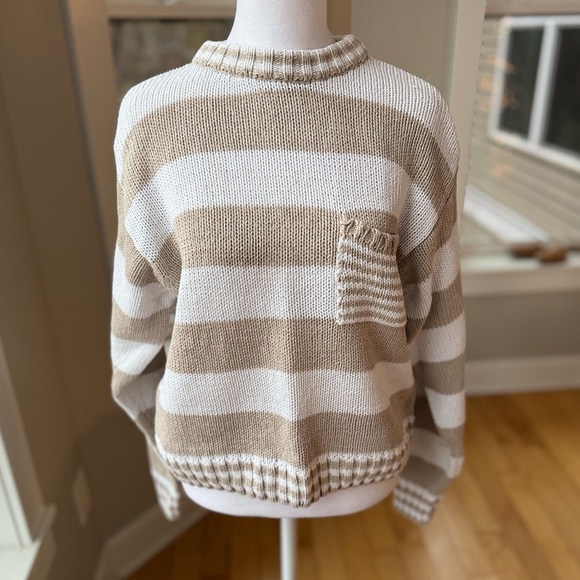 Vintage 90’s Nuggets Tan White Striped Cotton Cropped Sweater Size Large - Picture 2 of 10